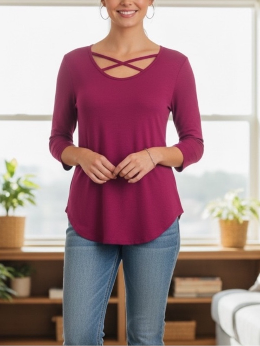 NEW• Magenta Cross Strap Round Hemline Top •XL-2X